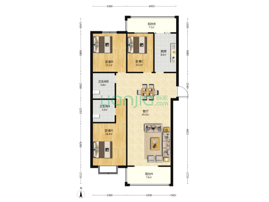 华都嘉苑 3室1厅2卫 156平方