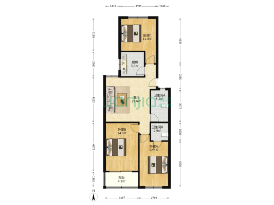 民星苑 3室1厅2卫 94平方
