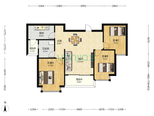 恒大御府 3室1厅1卫 103平方