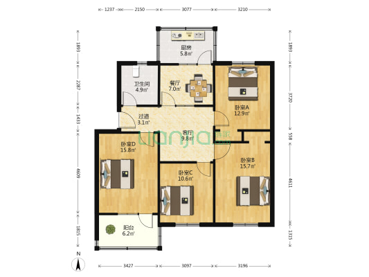 建国小经六路 4室2厅1卫 109平方