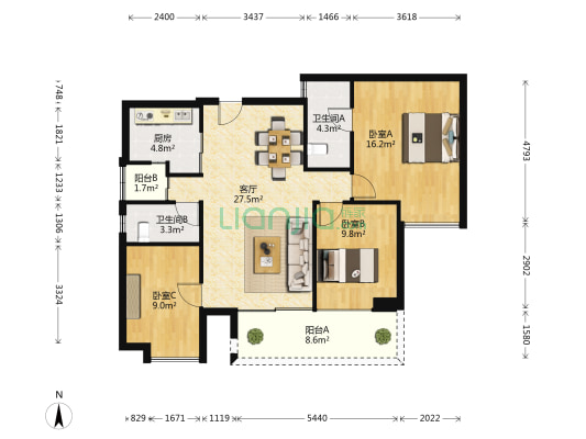 万科金域蓝湾三期 3室1厅2卫 111平方