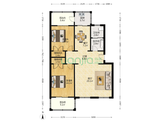 幸福花园(路北区) 2室2厅2卫 99平方