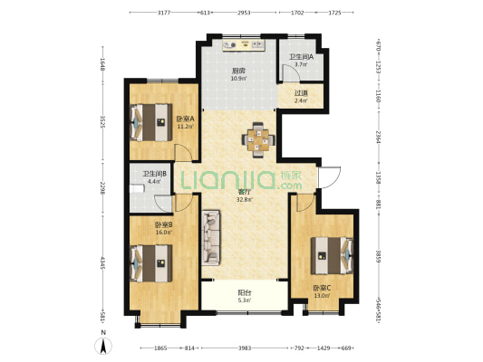 陆港新城滏河名湾 3室1厅2卫 135平方