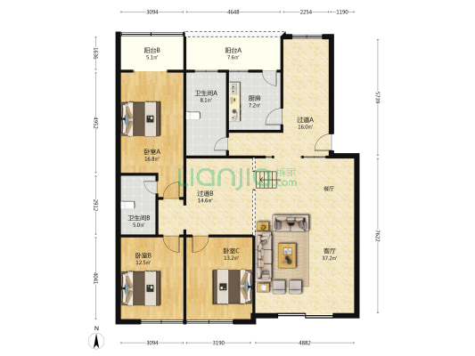 怡心园 3室1厅2卫 173平方