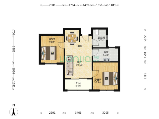 磨店家园同祥苑 2室1厅1卫 77平方