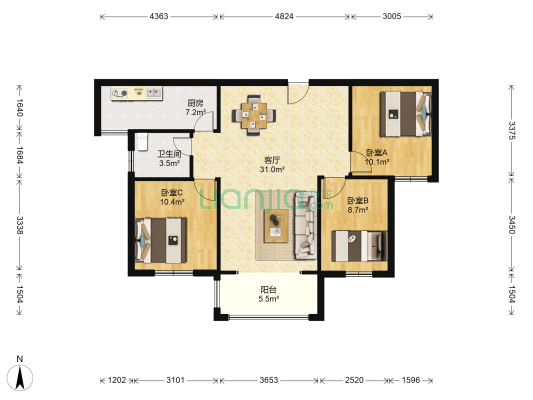 美联德玛假日二期阳光里 3室1厅1卫 98平方
