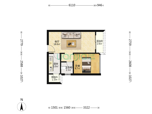 龙光城珑寓 1室1厅1卫 53平方
