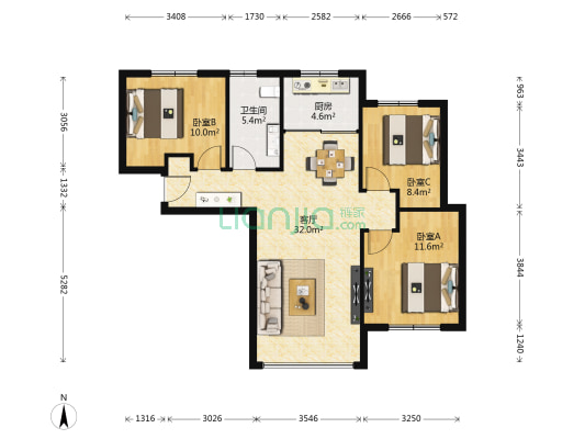海逸 3室1厅1卫 85平方