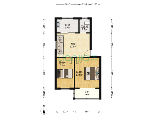 曹后村铁路宿舍 2室1厅1卫 55平方