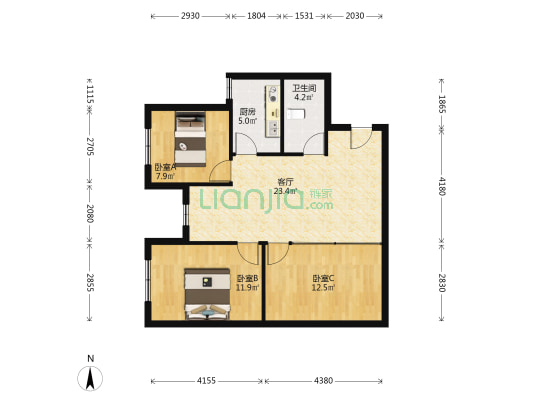 中医院北侧，军怡公馆， 正规三居-户型图
