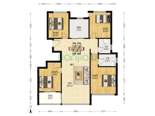 繁花里 4室1厅2卫 128平方