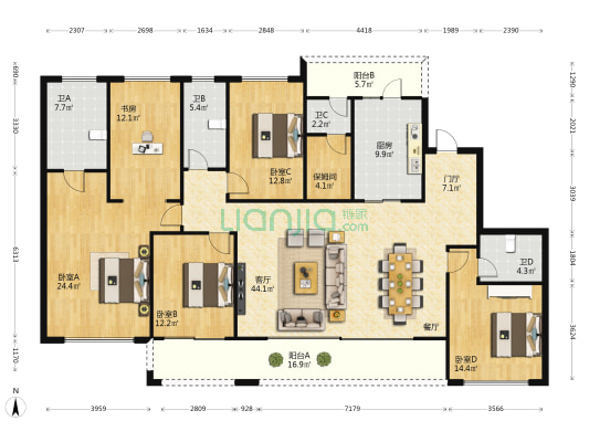 北辰府熙园 5室1厅4卫 210平方