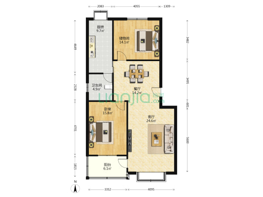 民泰小区 1室2厅1卫 107平方