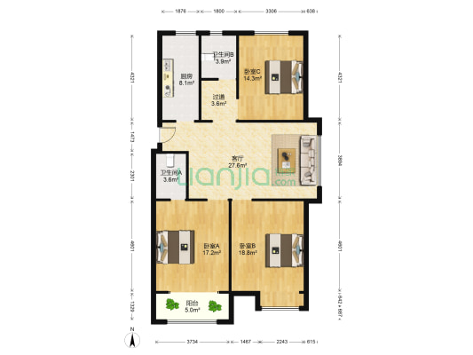 国星未来城 3室1厅2卫 136平方