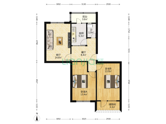 就业局家属院（南滨河中路） 2室2厅1卫 69平方