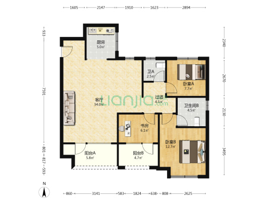 中欧国际城滨江悦 3室1厅2卫 119平方