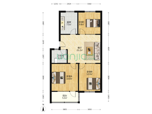 凤凰小区 3室1厅1卫 95平方