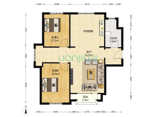 亿达第一郡二期 2室1厅1卫 115平方