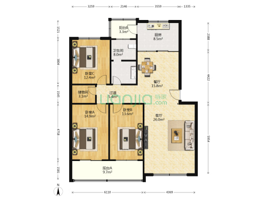 金谷嘉苑 3室2厅1卫 146平方