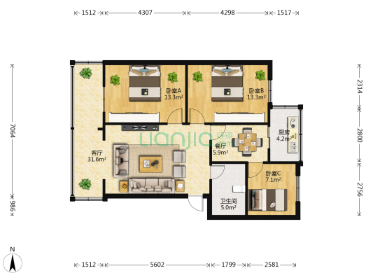 府甬道8号 3室2厅1卫 78平方
