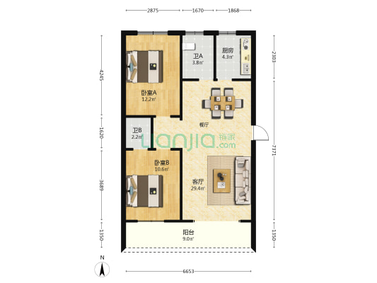 庙湾商贸小区 2室1厅2卫 83平方