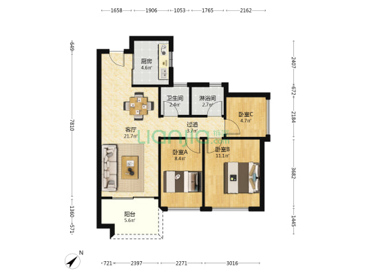 越秀白云星汇城 3室1厅2卫 77平方