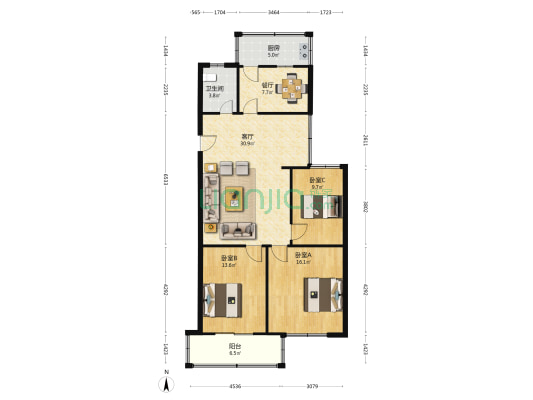 市建委住宅小区 3室2厅1卫 103平方