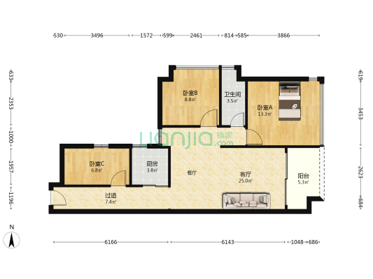 阳光家园 3室1厅1卫 87平方