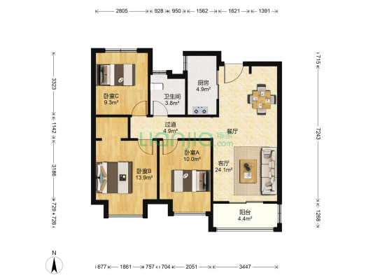 金隅南七里澜山园 3室1厅1卫 93平方