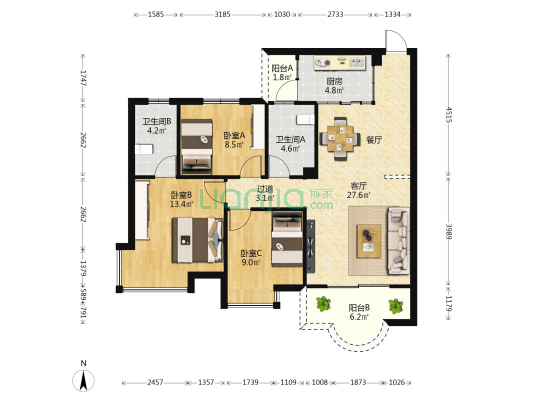 中都澳海蓝湾 3室1厅2卫 93平方