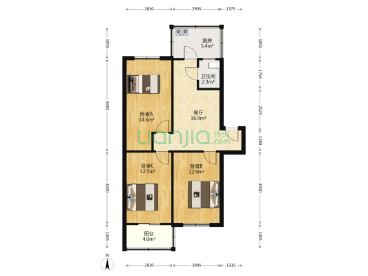红房沈联干休所 3室1厅1卫 84平方