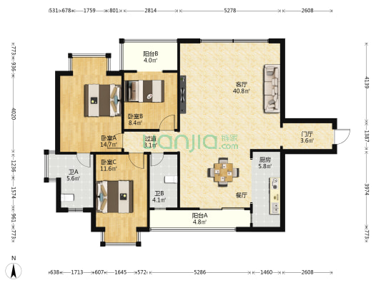 亨通海秀花园 3室1厅2卫 126平方