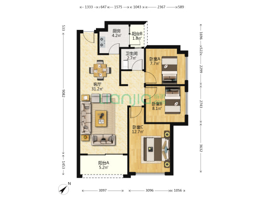 隆生仲恺花园3区 3室1厅1卫 93平方