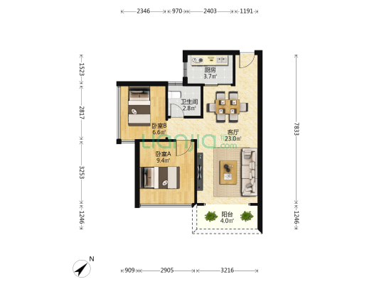 锦江东尚 2室1厅1卫 68平方