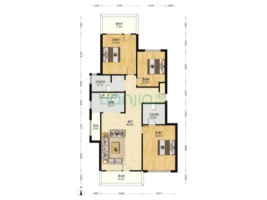 世嘉正园 3室1厅2卫 146平方