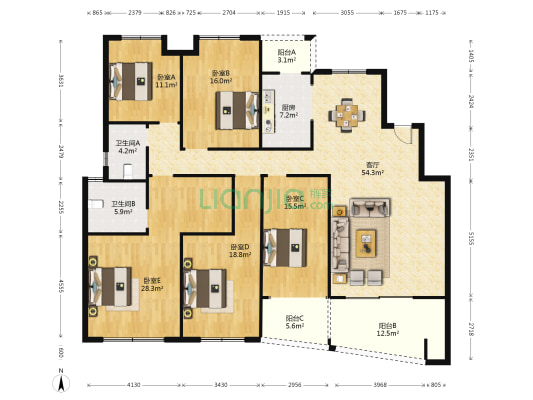 昆仑·东湖一号 5室1厅2卫 175平方