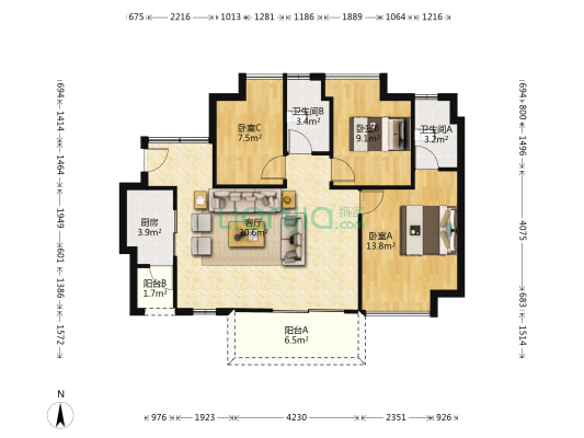 天悦中央广场 3室1厅2卫 94平方