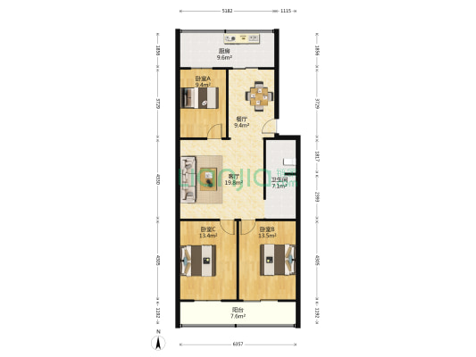 普查西院 3室2厅1卫 110平方