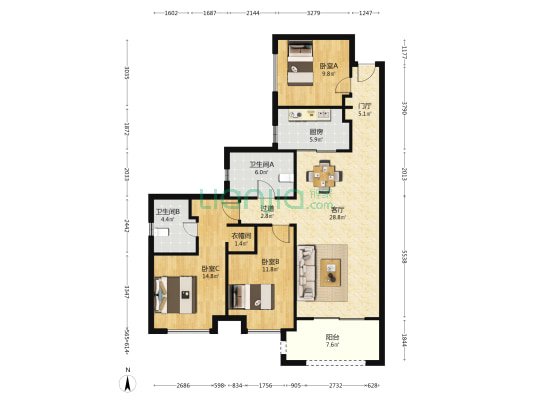 融创金成海口壹号南区 3室1厅2卫 116平方