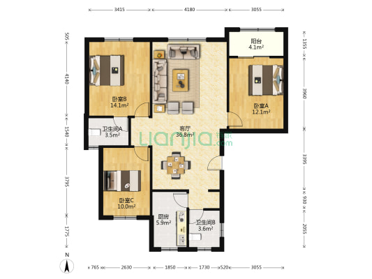 姚丰铭府 3室1厅2卫 126平方