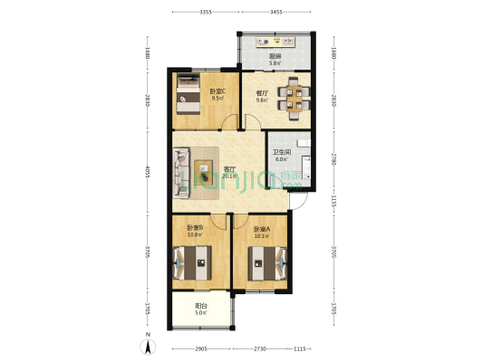 兴苑小区 3室2厅1卫 98平方