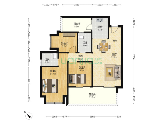通威世地长湾 3室1厅2卫 95平方