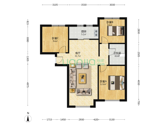 鸿坤经典三居室，精装修自住标准，无抵押无户口-户型图