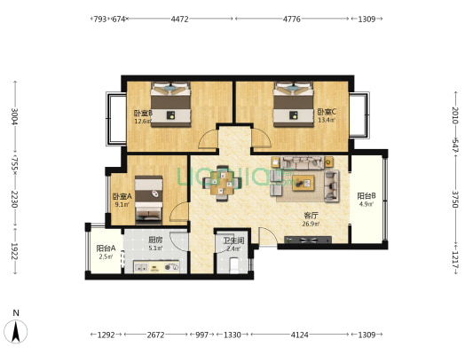 峻领天下兰岛B区 3室1厅1卫 90平方