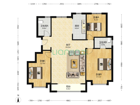 新城玺樾潮鸣 3室1厅2卫 126平方