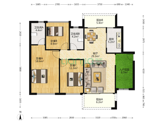 天奕国际广场 3室1厅2卫 120平方