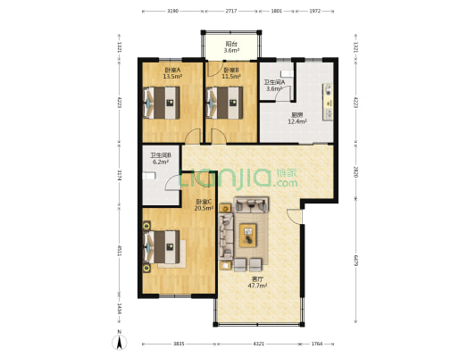 鑫鼎花园小区 3室1厅2卫 128平方