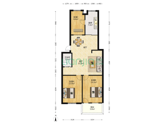 郊委小区 3室1厅1卫 91平方