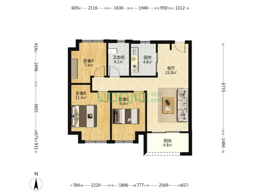 揽湾玖筑 3室1厅1卫 85平方