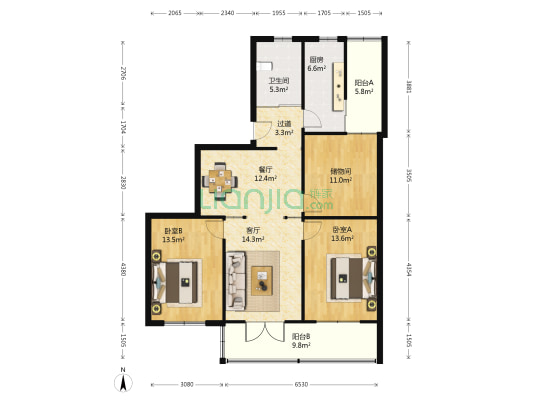 绿洲新村 2室2厅1卫 107平方